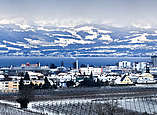 Stadt im Winter mit den Bergen im Hintergrund