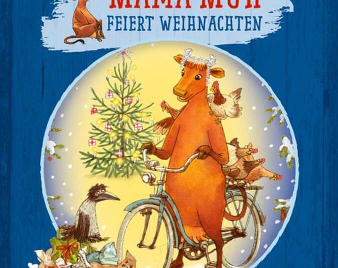 Mama Muh mit Fahrrad vor dem Weihnachtsbaum.